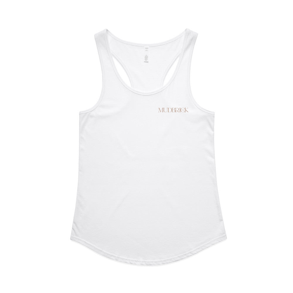 4013 Wo's Mali Racerback Singlet - White with Mudbrick logo