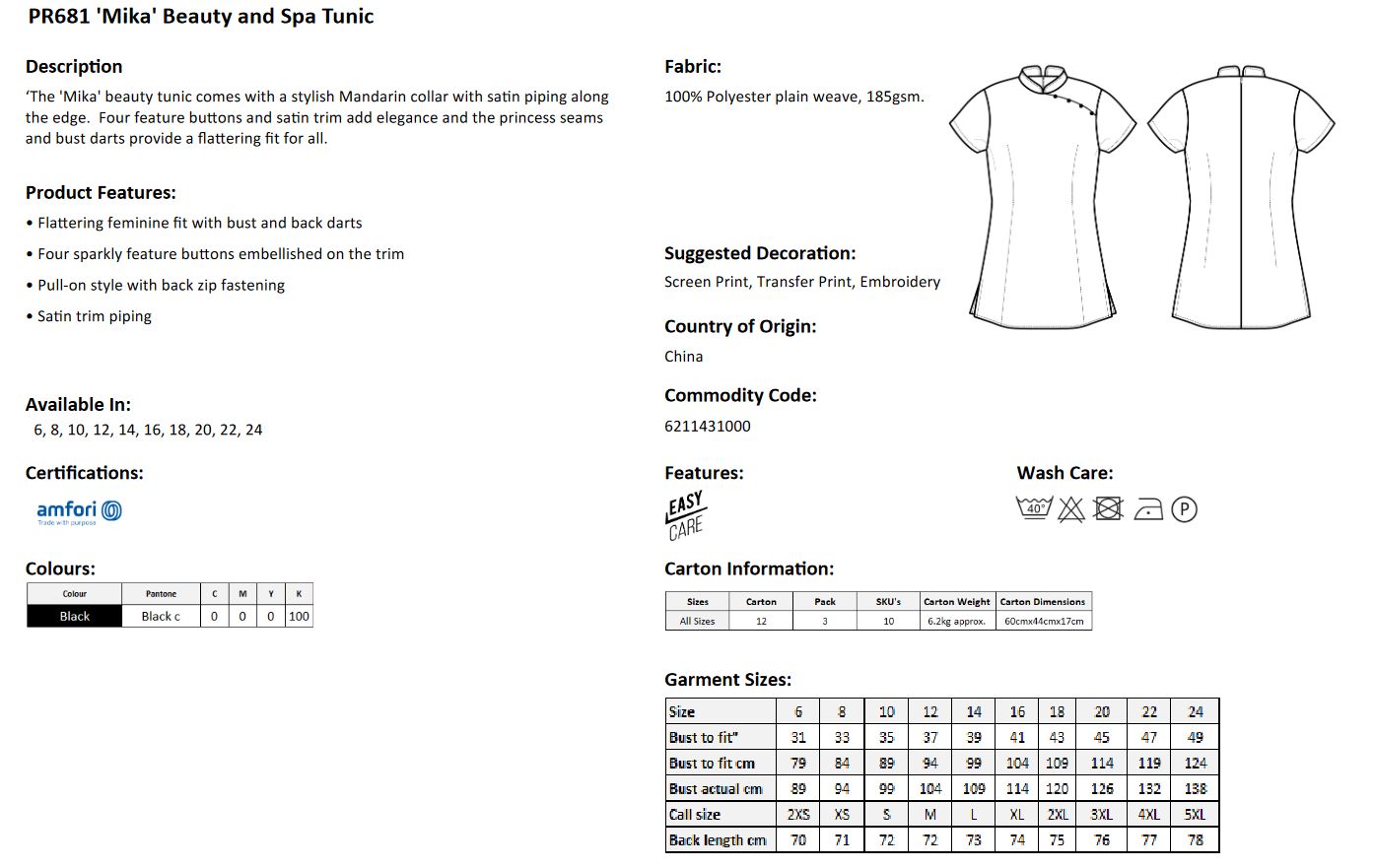 PR681 Mika Beauty and Spa Tunic - Black