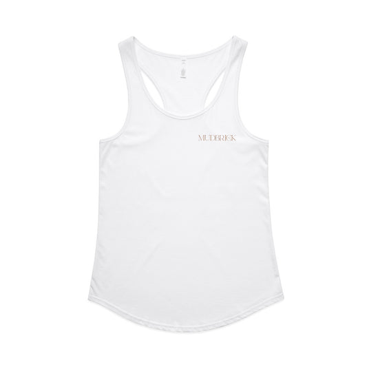 4013 Wo's Mali Racerback Singlet - White with Mudbrick logo