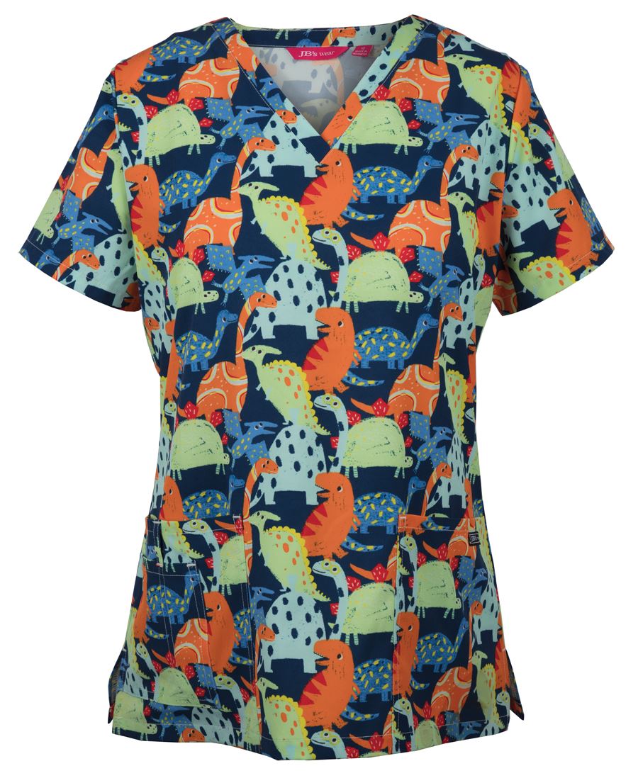 Ladies Scrub Top Printed 4STP1 - PRINTED DINO