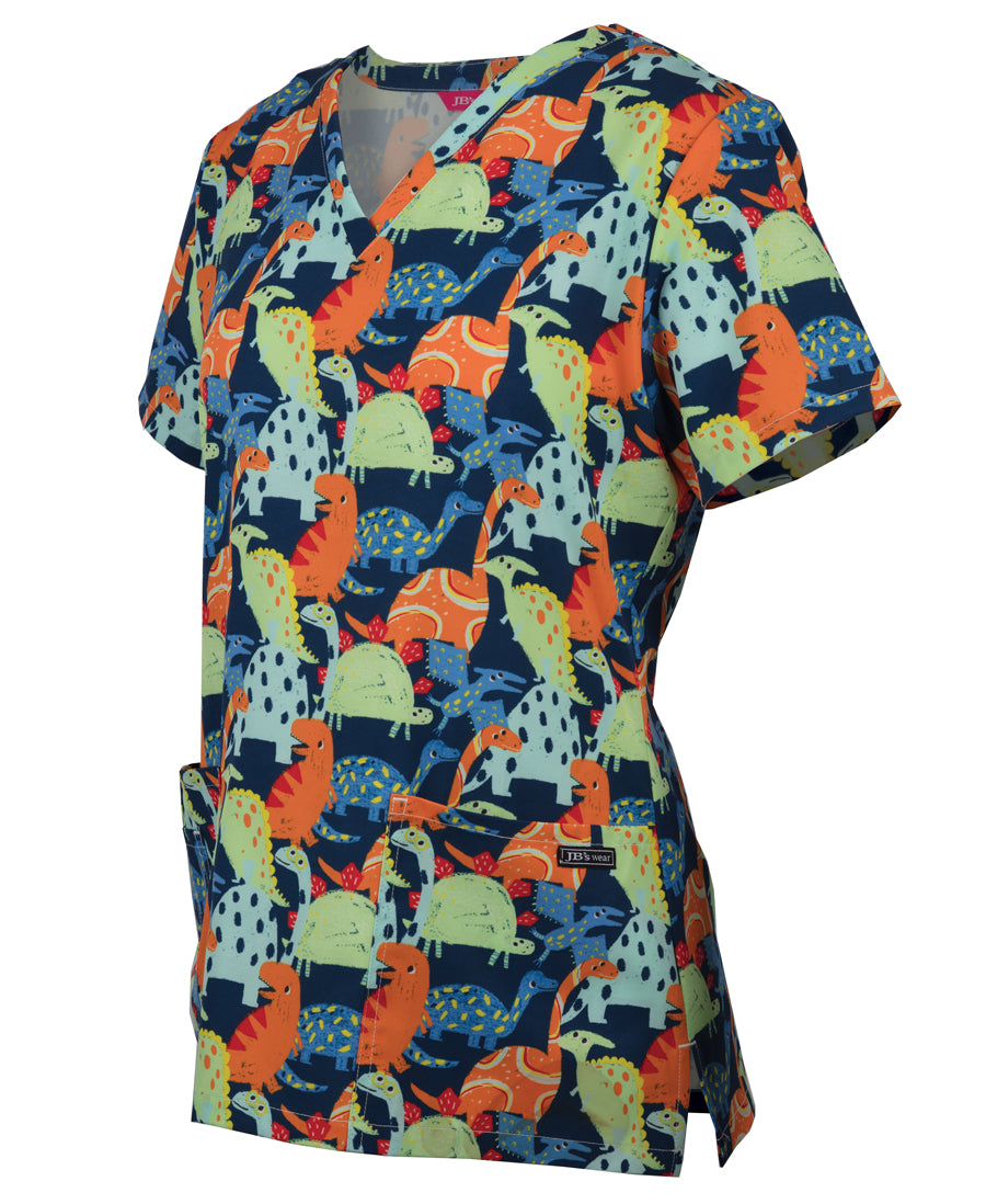 Ladies Scrub Top Printed 4STP1 - PRINTED DINO