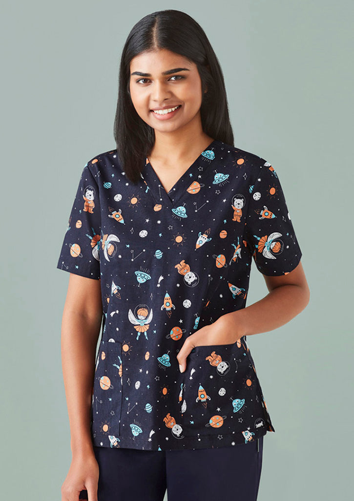 CST148LS Womens Printed Space Party Scrub Top