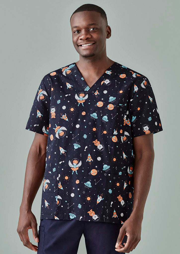CST148MS Mens Printed Space Party Scrub Top